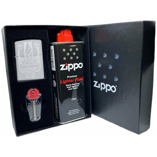 Подарочный набор ZIPPO ( Зажигалка ZIPPO 49660 Harley-Davidson, серебристая, с покрытием Satin Chrome + кремни + топливо, 125 мл )