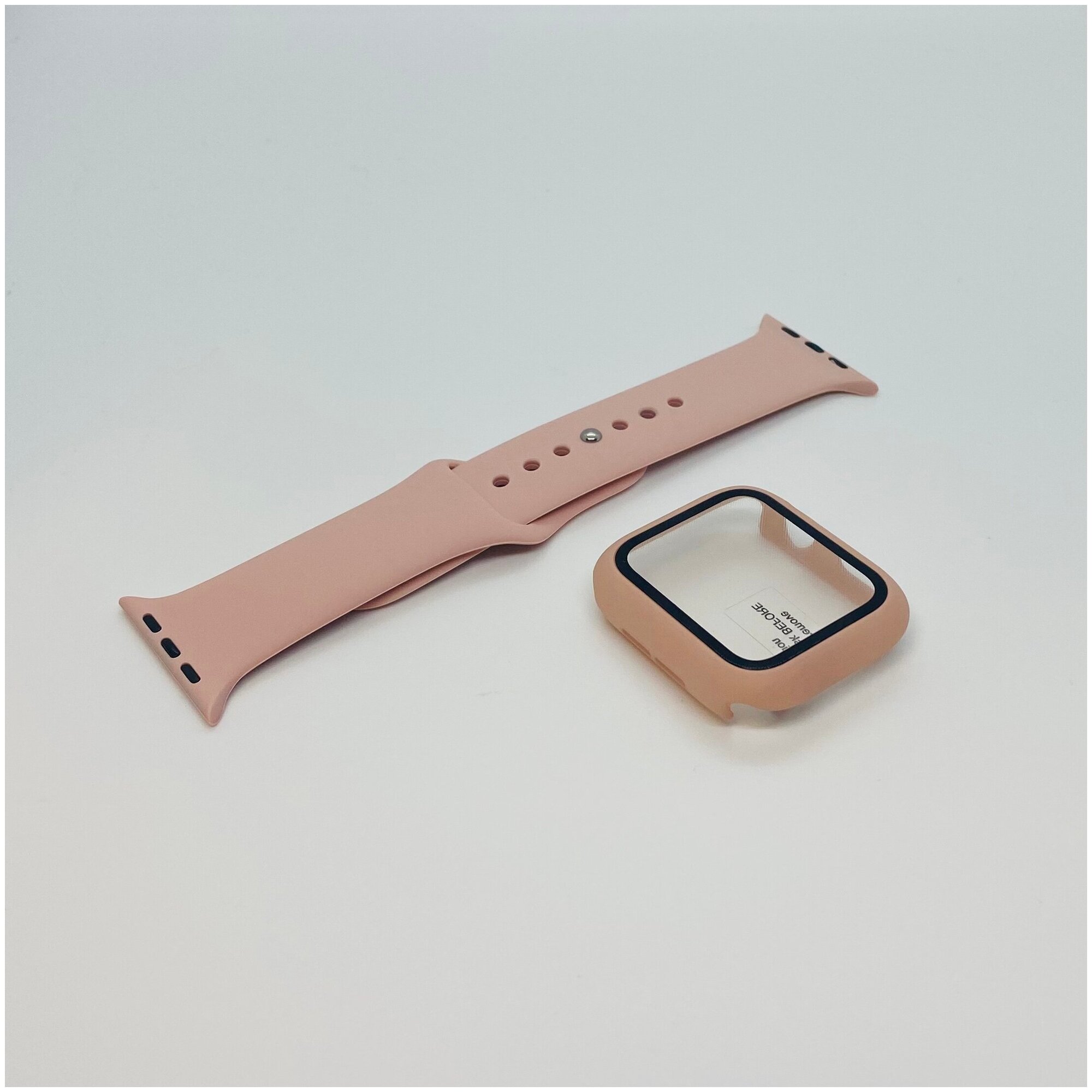 Чехол для Apple Watch 42mm со стеклом + силиконовый ремешок розовый