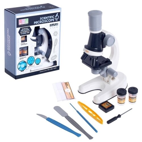 фото Микроскоп школьный с набором для опытов, микроскоп детский увеличение в 100х, 400х, 1200х