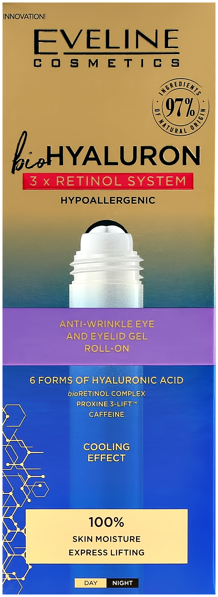 Гель для кожи вокруг глаз EVELINE BIOHYALURON 3XRETINOL SYSTEM роликовый с гиалуроновой кислотой и ретинолом 15 мл