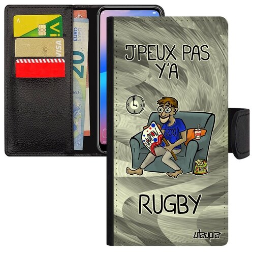 фото Чехол книжка для смарфона // samsung galaxy a40 // "не могу - смотрю регби!" прикольный карикатура, utaupia, серый