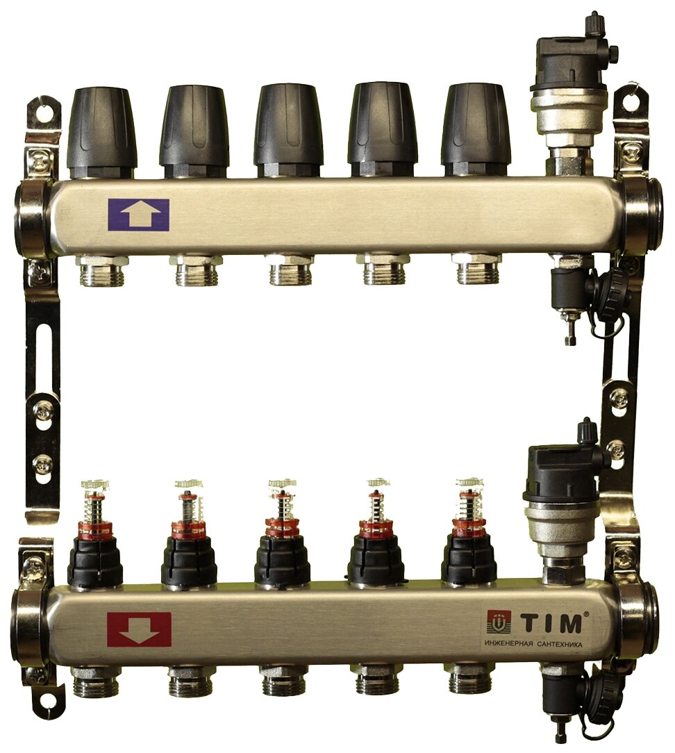 Коллекторная группа Tim (KCS5005) 1" ВР-ВР, 5 отводов 3/4", расходомер, воздухоотводчик, сливной кран