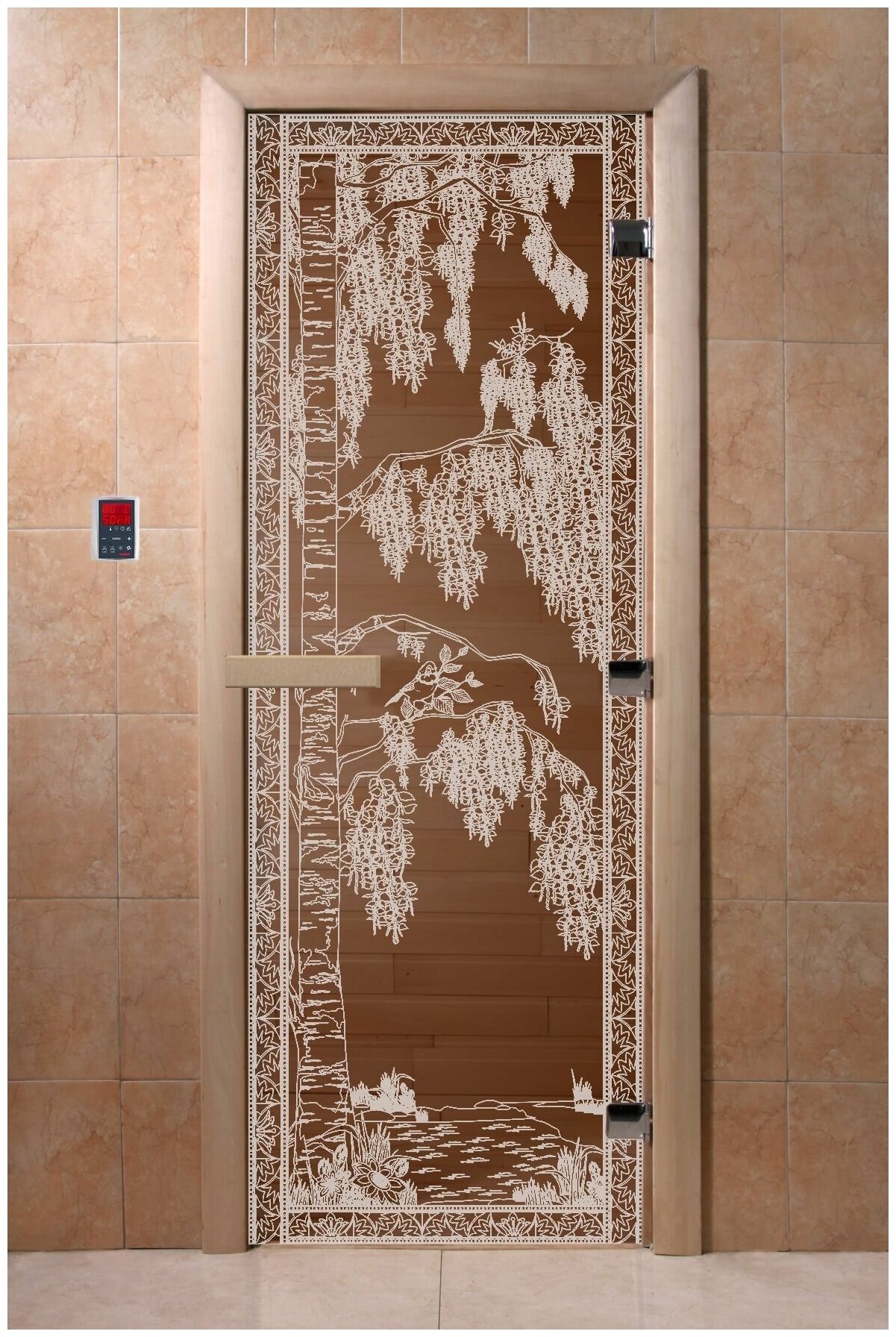 Дверь стеклянная для бани и сауны DW, бронза "Березка" (коробка: осина/ольха 1900х700мм)