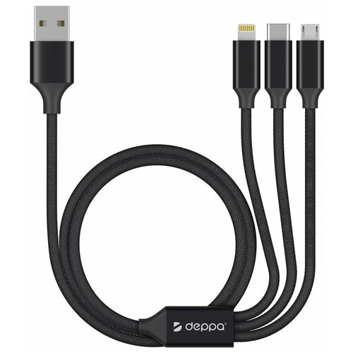 Дата-кабель Deppa 3 в 1: micro USB, USB-C, Ligthning, алюминий, 1.2м, черный partner магнитный кабель usb 2 0 apple iphone ipod ipad с разъемом 8pin 1м нейлон