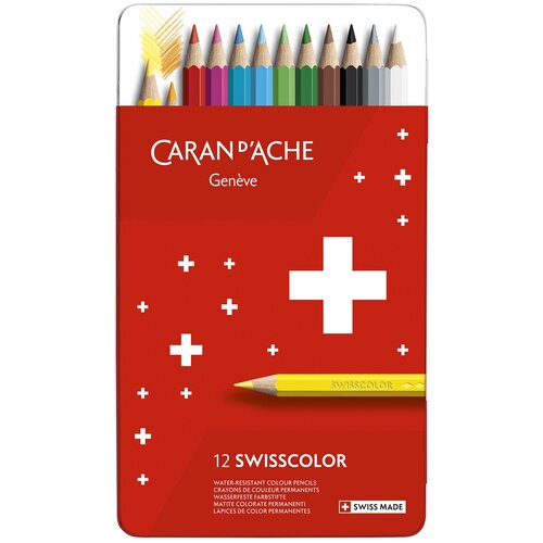 Цветные карандаши Caran d`Ache Набор карандашей водоустойчивых Caran d’Ache Swisscolor, 12цв. (метал. коробка)