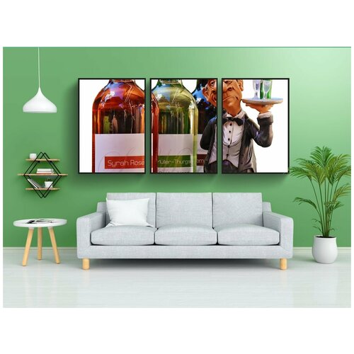 фото Набор модулных постеров для интерьера "винные бутылки, прозрачный свободны, официант" 60x90 см. в тубусе, без рамки lotsprints