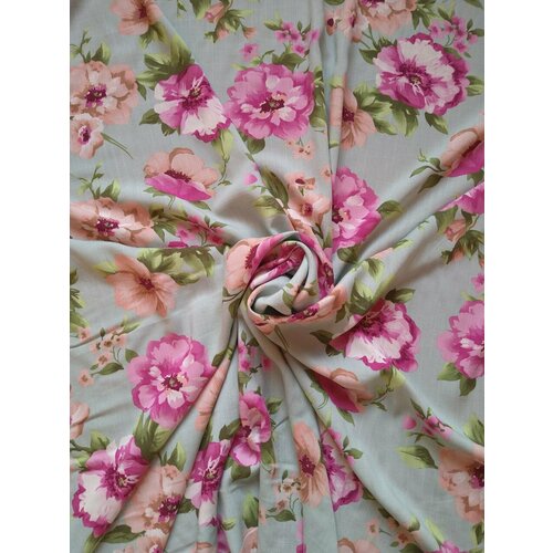 Ткань для шитья Штапель слаб Вискоза 100% Цветы розово-фиолетовые на бирюзовом Длина -1 м Ширина - 1,5 м Плотность -135 гр./м. кв