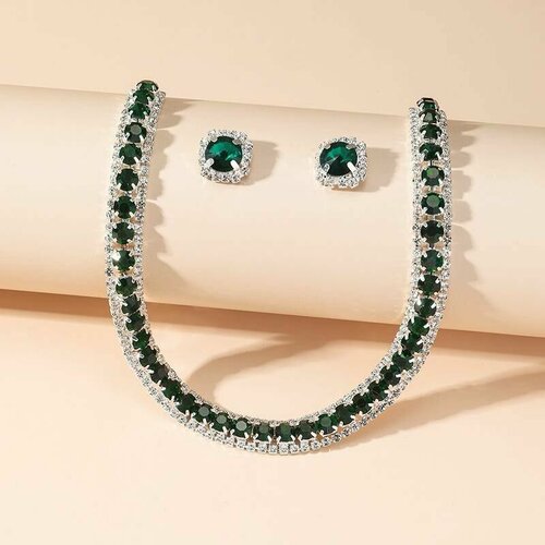 Комплект бижутерии Роскошный комплект серег и ожерелья с зеленым кристаллом