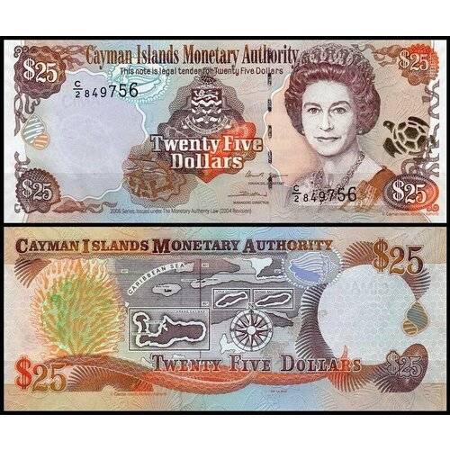 каймановы острова 25 центов 1990 г Каймановы острова 25 долларов 2006 (UNC Pick 36)