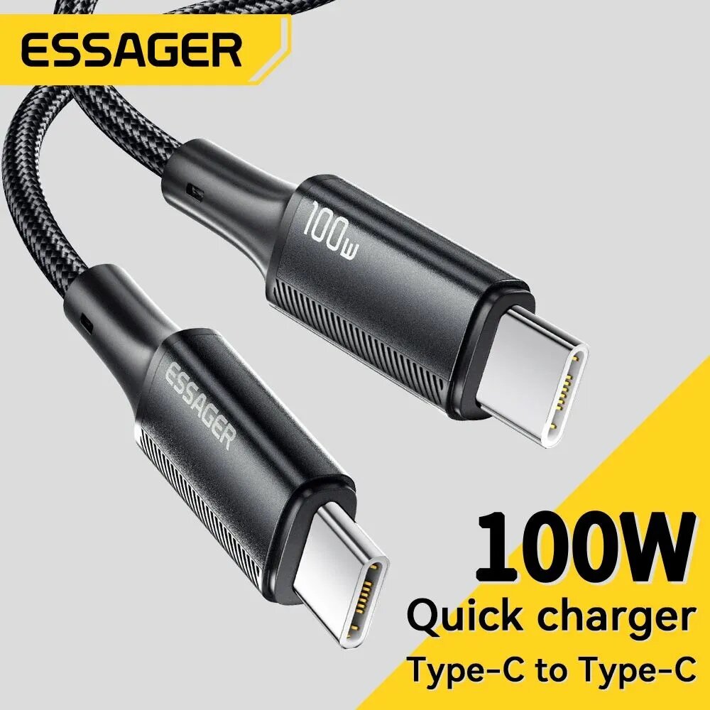 Кабель Essager Type-c-Type-c для быстрой зарядки и передачи данных, max 100W, 5 A, 480 Mbps, 2 метра, Quick Charge 3.0/4.0 (Черный)