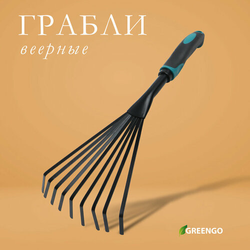 Грабли малые, веерные, пластинчатые, 9 зубцов, длина 40 см, эргономичная прорезиненная ручка, Greengo Чёрный