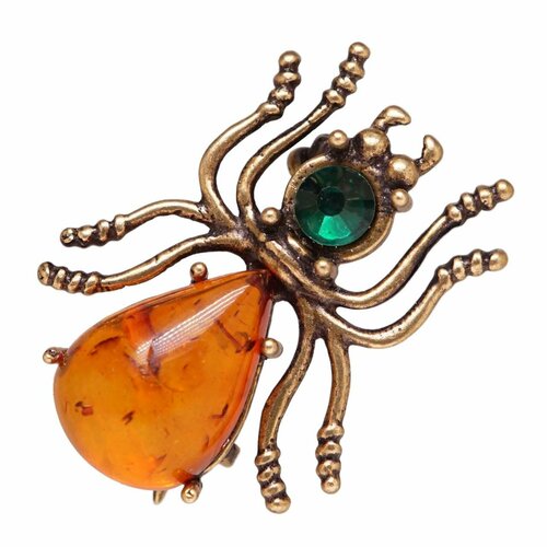 Брошь, янтарь, янтарь синтетический, стразы, янтарь прессованный, коричневый