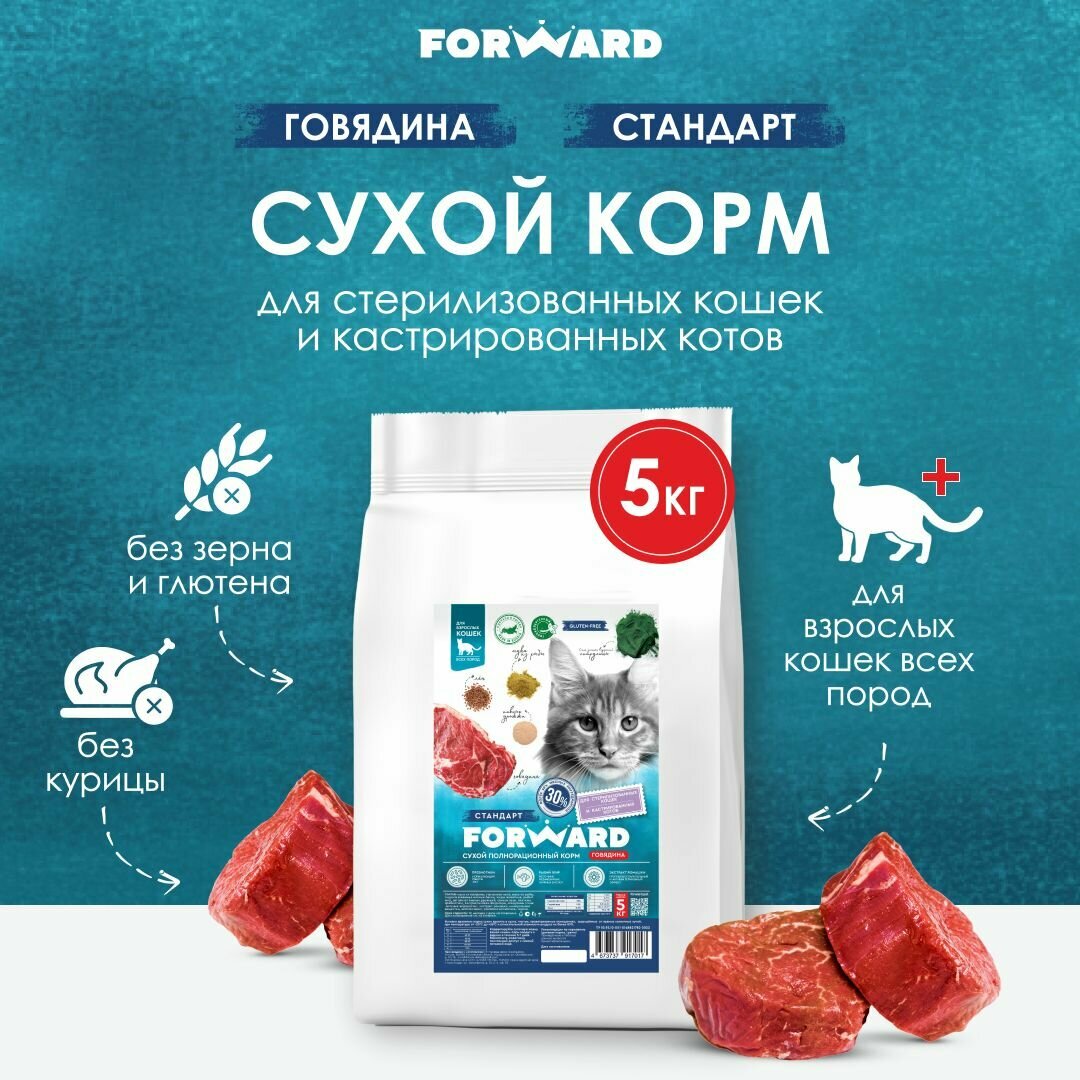 Беззерновой сухой корм для стерилизованных кошек и кастрированных котов 5 кг с говядиной, гипоаллергенный.