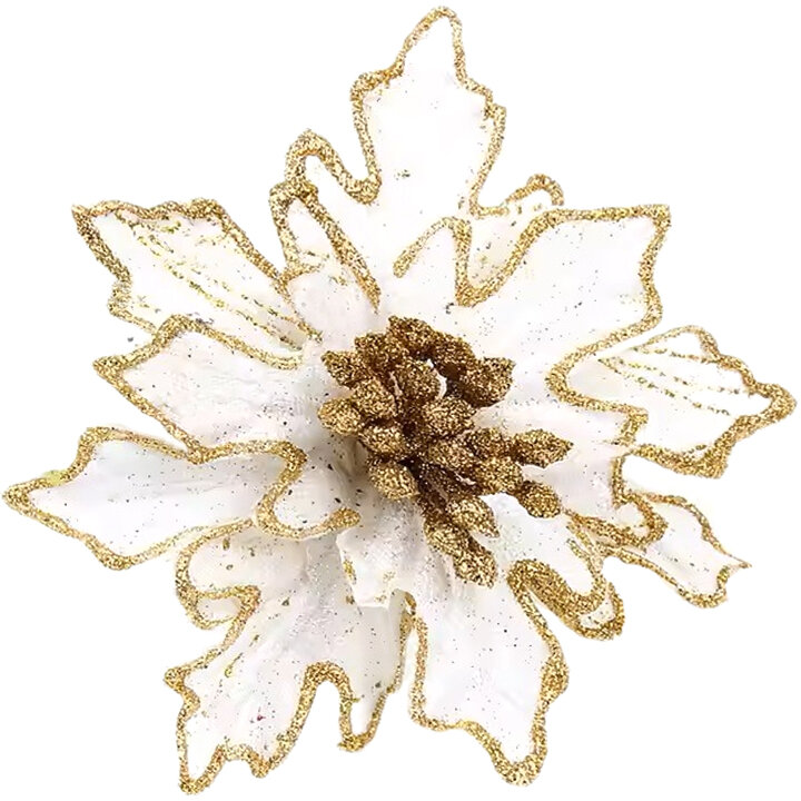 Цветок Пуансеттия на клипсе 15 см Белый/Золото с блестка