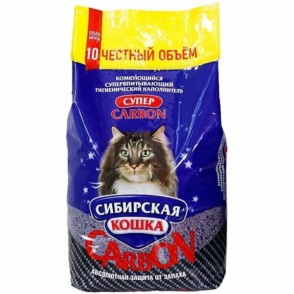 Наполнитель для лотка Сибирская кошка 10 л "Супер Carbon" комкующийся, минеральный
