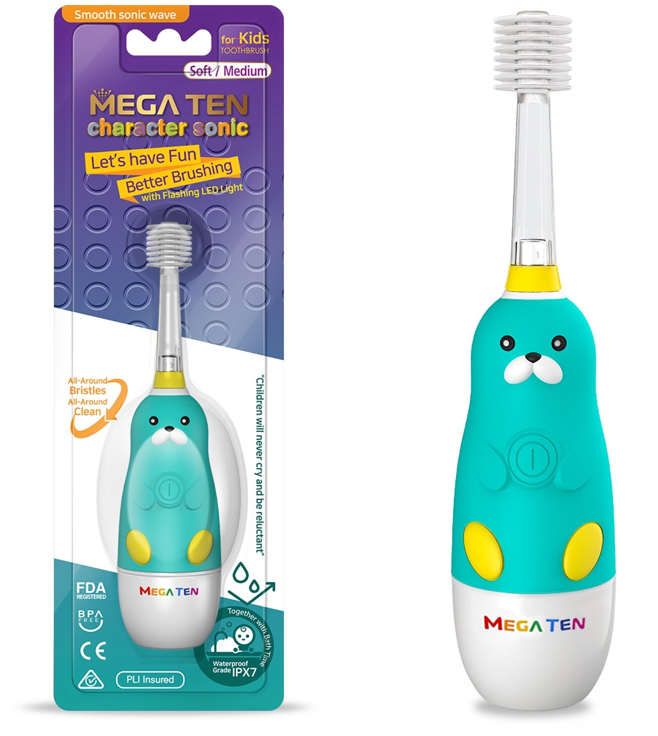Электрическая детская звуковая зубная щетка MEGA TEN megaten KIDS SONIC Моржик