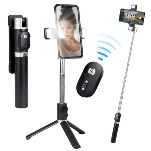 фото Монопод selfie stick p60d с двойной led- подсветкой для селфи, встроенный штатив трипод с регулируемым держателем для телефона и bluetooth пультом, от 24.5 см до 99 см, черный isa