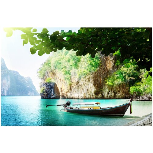 Фотообои Уютная стена Длинная лодка на острове в Таиланде 410х270 см Виниловые Бесшовные (единым полотном)