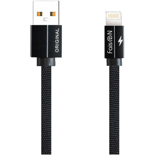 USB кабель - 8 pin FaisON K-35 Push, 1.0м, плоский, 2.0A, ткань, цвет: чёрный