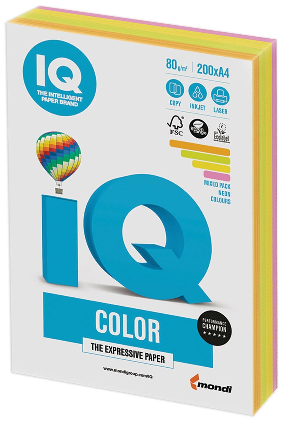 Бумага цветная IQ color, А4, 80 г/ м 2 , 200 л., (4 цвета x 50 листов), микс неон, RB04