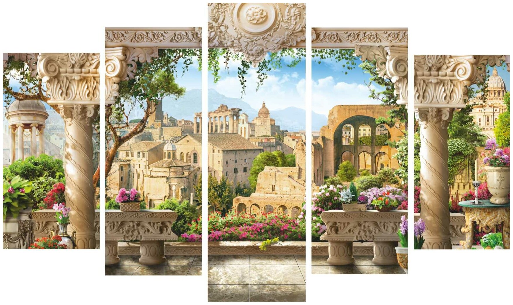 Модульная картина из 5 модулей "Фреска - старый город" 140х80 см./картина на стену/картина модульная/картина на кухню/картина на стену большая