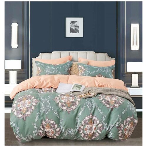 фото Постельное белье boris a+b , болотный/персиковый евро, сатин