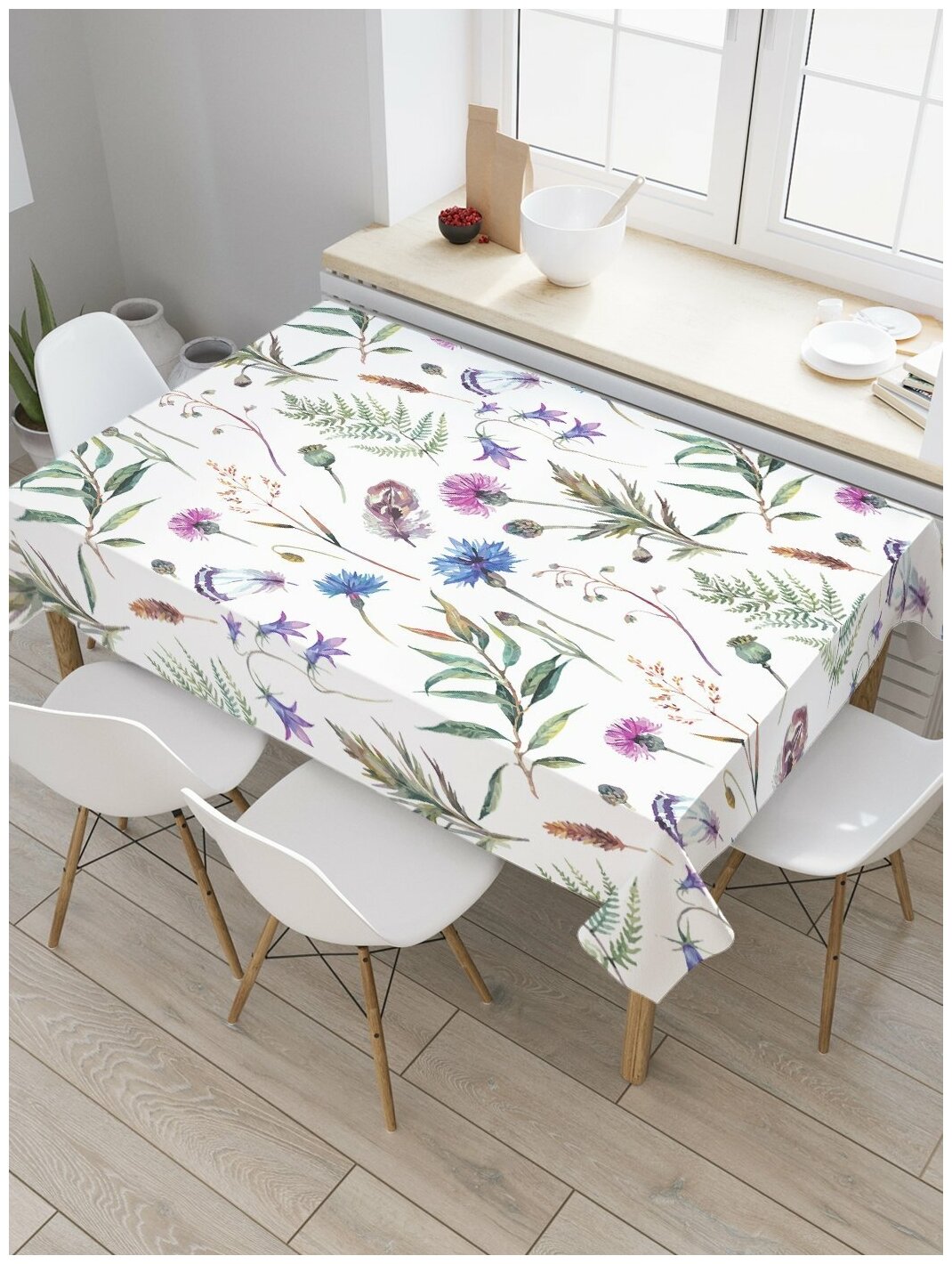 Скатерть прямоугольная JoyArty на кухонный стол "Васильки среди растений" из оксфорда, 120x145 см