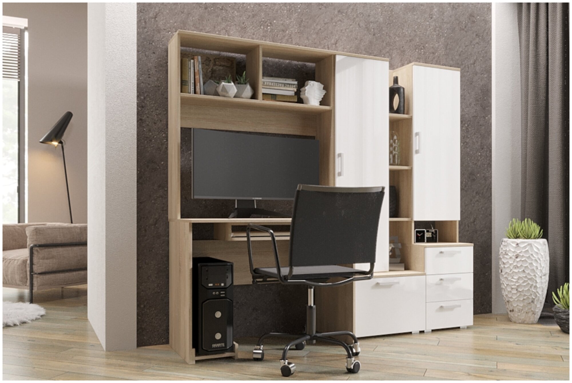 фото Стол компьютерный Миф Стол компьютерный №6 белый глянцевый / дуб сонома 200х53.8х179.6 см