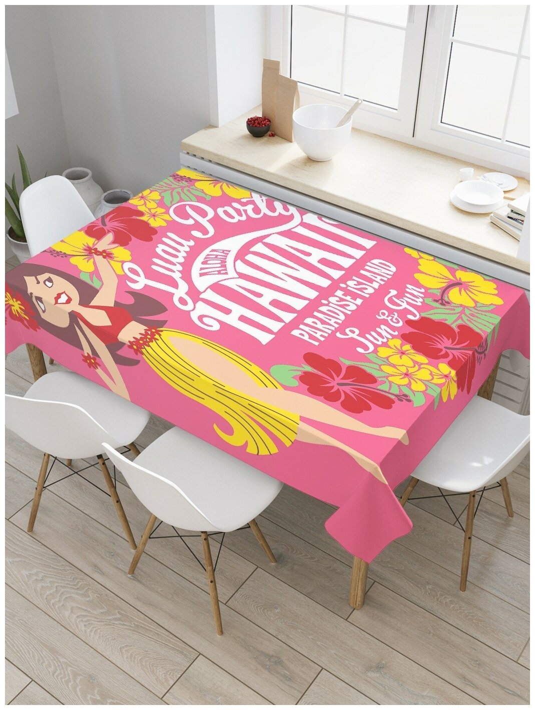 Скатерть прямоугольная JoyArty на кухонный стол "Гавайские развлечения" из оксфорда, 120x145 см