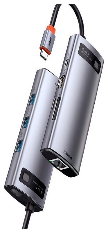 Baseus Адаптер переходник с Type-C на 3USB 30SDMicro SDType-CHDMIEthernet 8-in-1 HUB серый