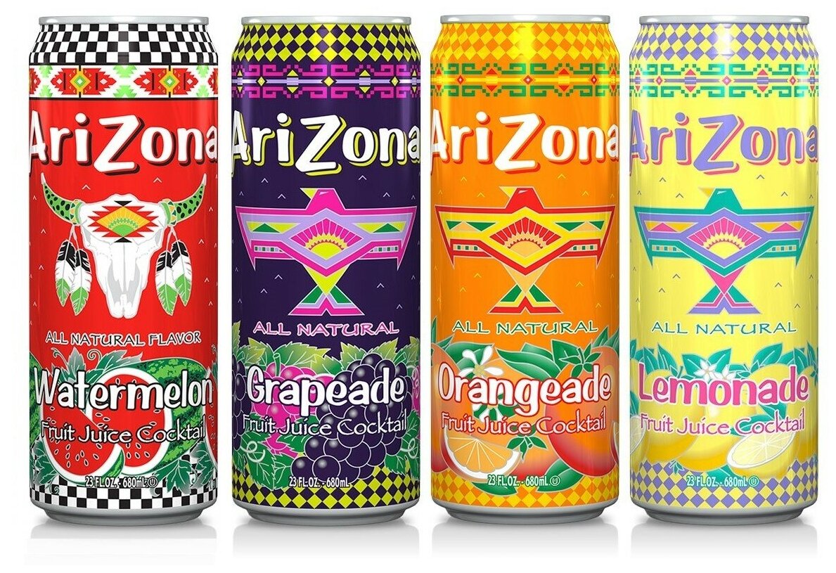 Набор холодных сокосодержащих напитков AriZona WATERMELON/GRAPEADE/ORANGEADE/LEMONADE / 4 банки по 680 мл. - фотография № 1