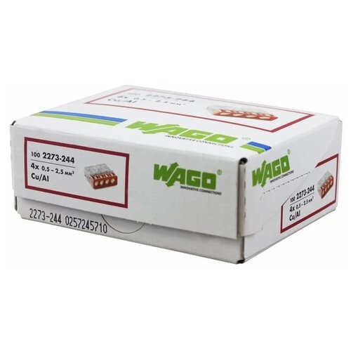 Клемма WAGO 2273-244, 100 шт., коробка, прозрачный клемма wago 2273 244 1 шт коробка красный
