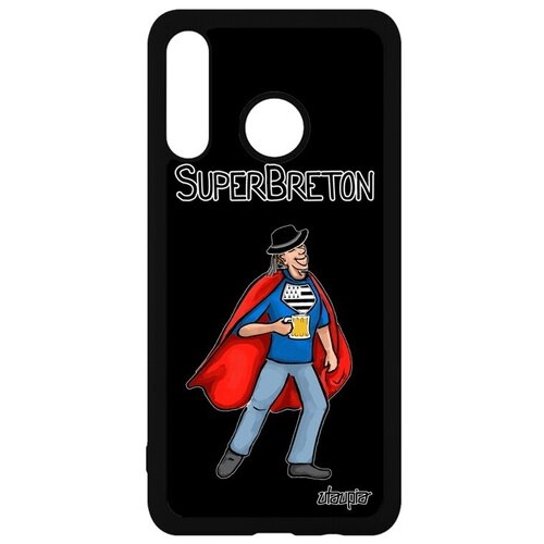 фото Противоударный чехол на смартфон // huawei p30 lite // "супербретонец" шутка супергерой, utaupia, черный