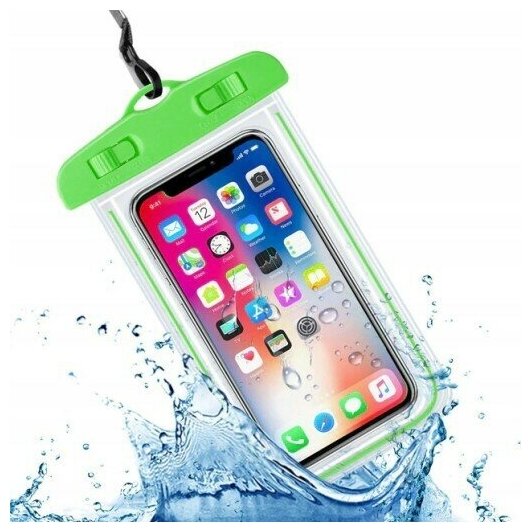 фото Водонепроницаемый непромокаемый герметичный чехол для телефона до 6.7 дюймов светящийся, зеленый