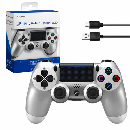 Беспроводной геймпад для PS4 с зарядным кабелем, Серебро / Bluetooth / джойстик для PlayStation 4, iPhone, iPad, Android, ПК /