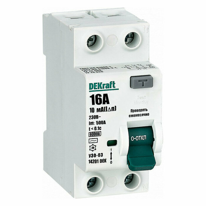 14201DEK Выключатель дифференциального тока DEKraft УЗО-03 2П 16А 10мА тип AC, 6кА