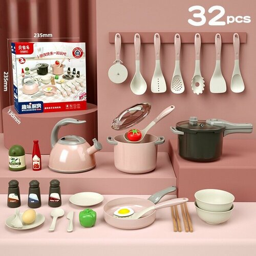 Набор детской посуды игрушечной, кухня детская плешоп посуда для кукол, овощи игрушечные, 32 предмета, розовый