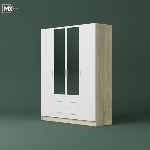 Шкаф распашной Space четырехдверный Дуб сонома/Белый ЛДСП с зеркалами, штангой, полками, ящиками, для прихожей, спальни, гостиной 1600х1980х510