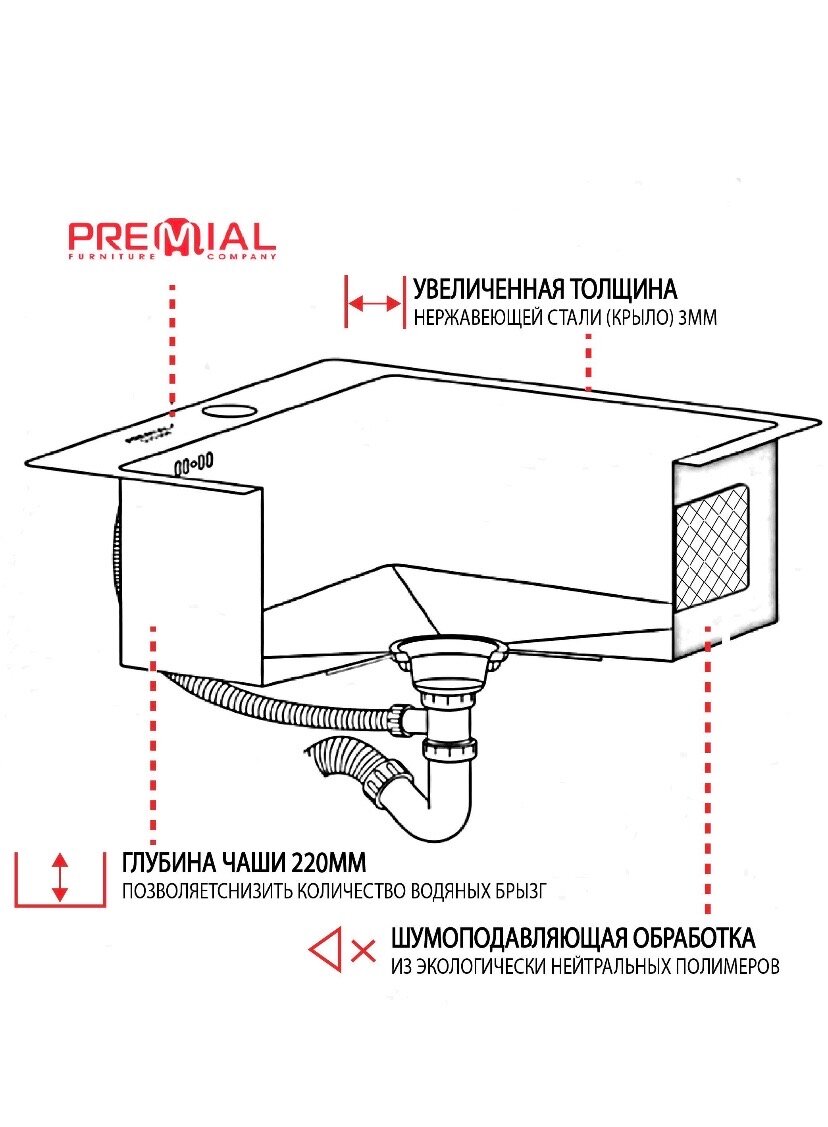 Кухонная мойка Premial 680*450 мм Display из нержавеющей стали 3 мм, прямоугольная, цвет Graphite - фотография № 10