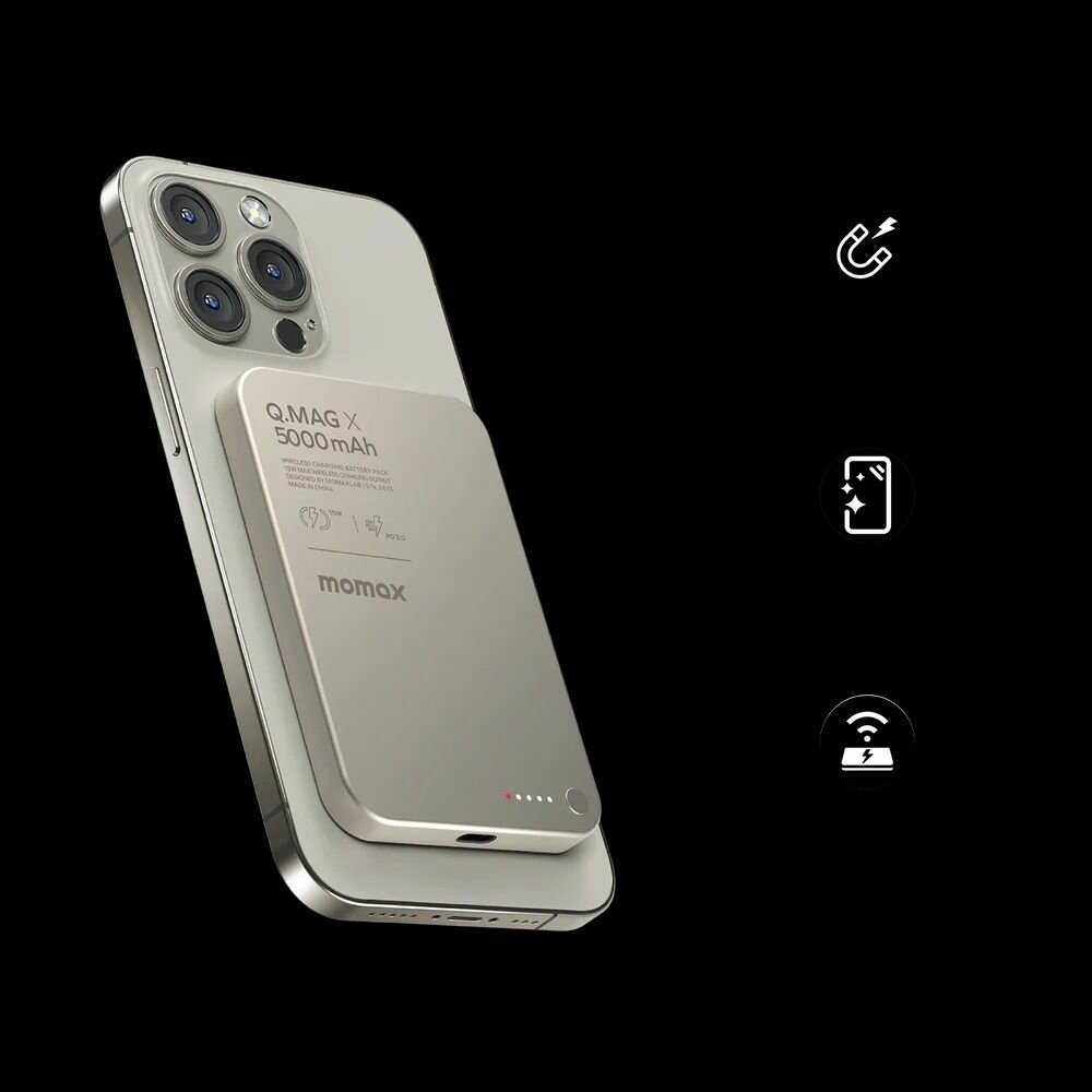 Повербанк Momax Q.MAG X metal magnetic wireless charging power bank 5000 mAh - Titanium Chroma
