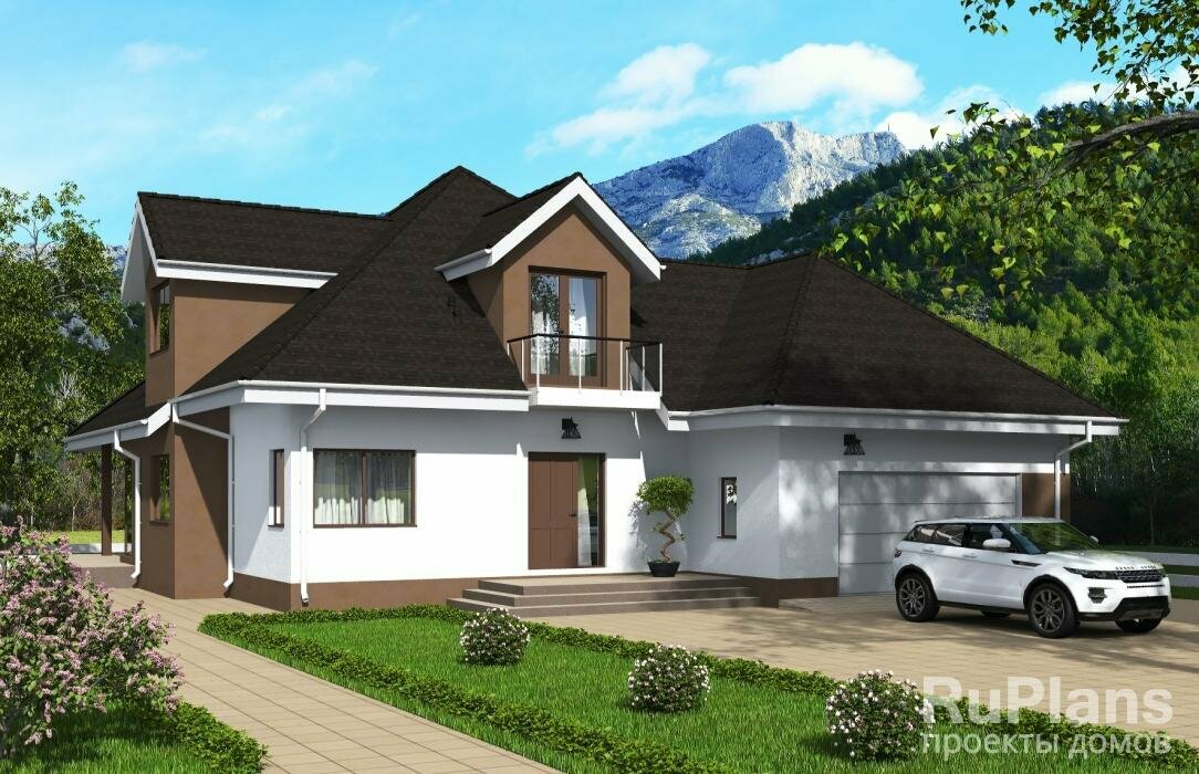 Проект одноэтажного дома с мансардой и гаражом на 2 машины (203 м2, 16м x 14м) Rg4927