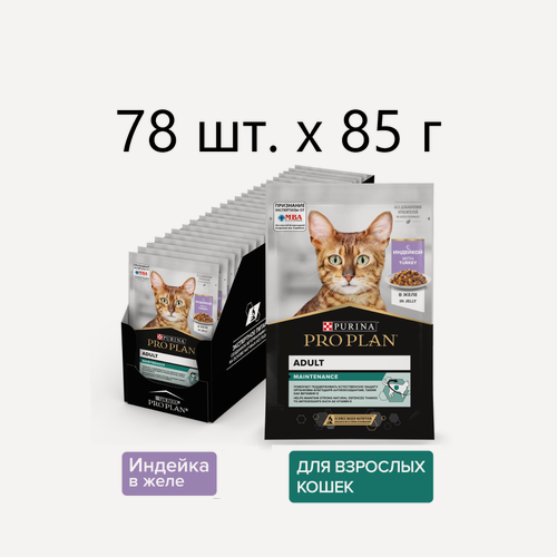 Изображение товара Влажный корм для кошек Purina Pro Plan Adult Maintenance with Turkey, для взрослых, индейка, 78 шт. х 85 г (кусочки в желе)