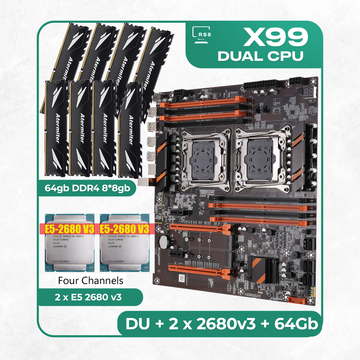 Комплект материнской платы X99: ZX-DU99D4 + 2 x Xeon E5 2680v3 + DDR4 64Гб Atermiter 2666Mhz 8х8Гб