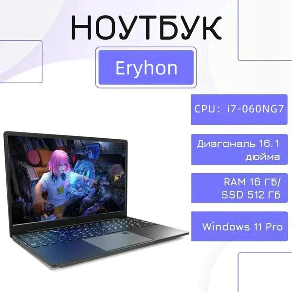 16.1" Игровой ноутбук Eryhon, Intel Core i7-1060BNG7 (1.1 ГГц), RAM 16 ГБ DDR4, SSD 512 ГБ, Windows 11 Pro, черный