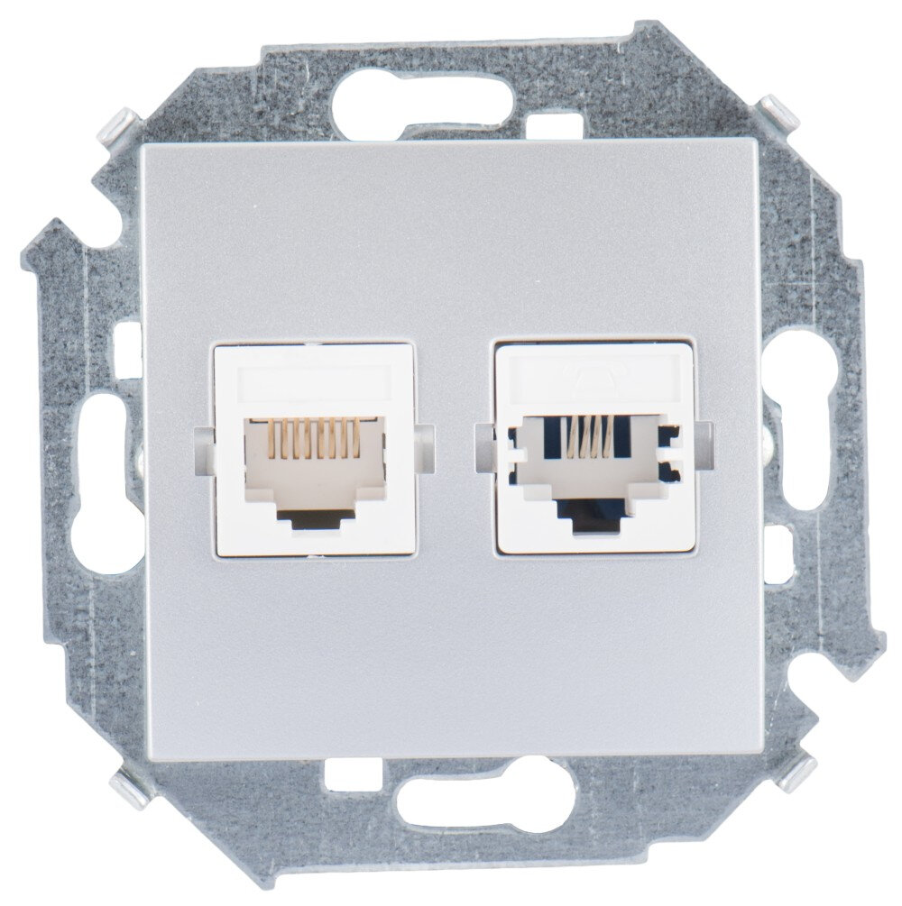 Компьютерная и телефонная розетка Simon 15 RJ-11 и RJ-45 (алюминий)