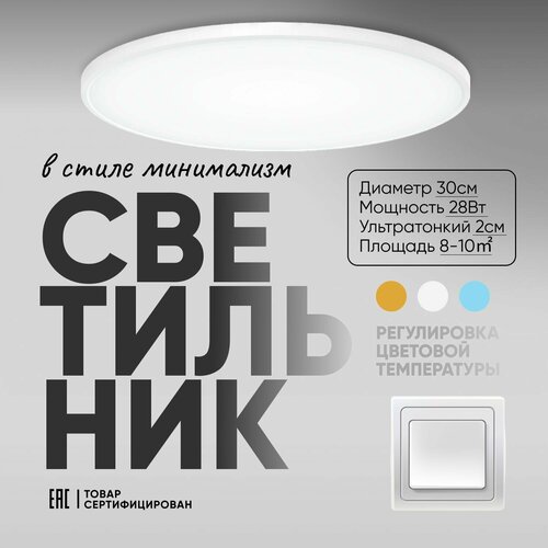 Потолочный настенный светодиодный светильник белый 30см/ ультратонкий 2см / накладной круглый / люстра потолочная на кухню, в спальню, в прихожую / Luch