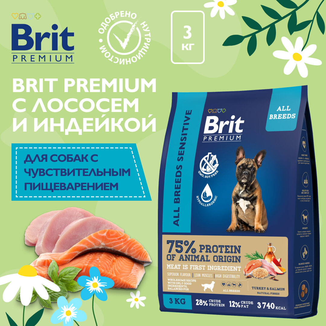 Сухой корм Brit Premium Dog Sensitive для собак для чувствительного пищеварения с индейкой и лосось 3 кг