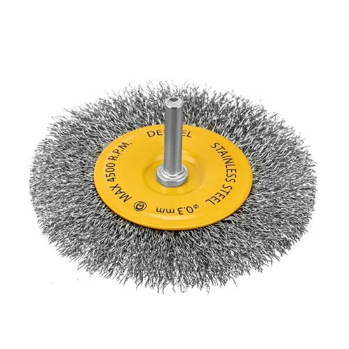 Щетка для дрели 100 мм Плоская со шпилькой нержавеющая витая проволока Denzel 744793 512₽