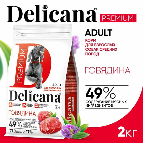 Корм для собак Delicana говядина 1 уп. х 1 шт. х 2000 г (для средних пород)