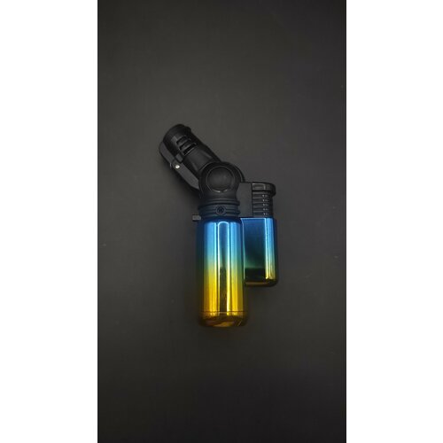 Мини газовая горелка турбо, зажигалка туристическая с пьезоподжигом сине-золотая прозрачная с подставкой